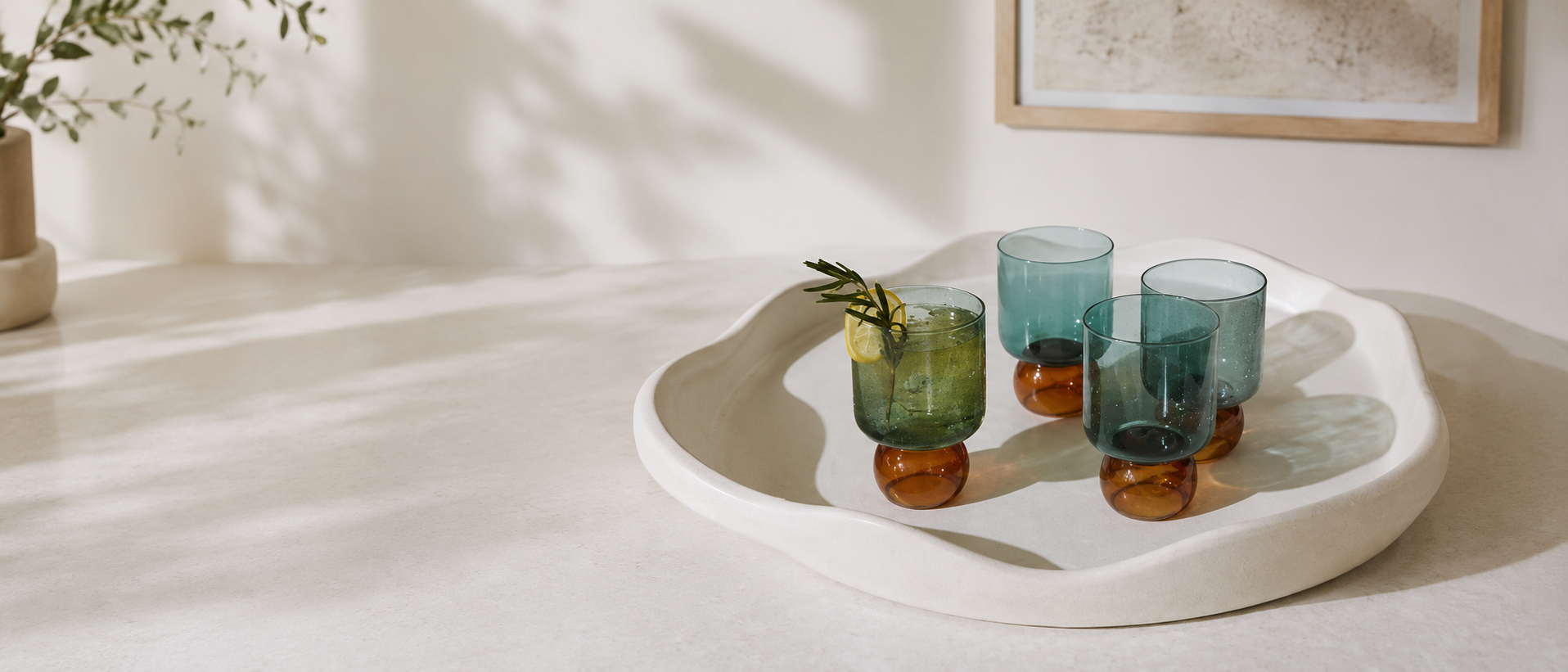 Wine glasses and barware arranged for shared moments