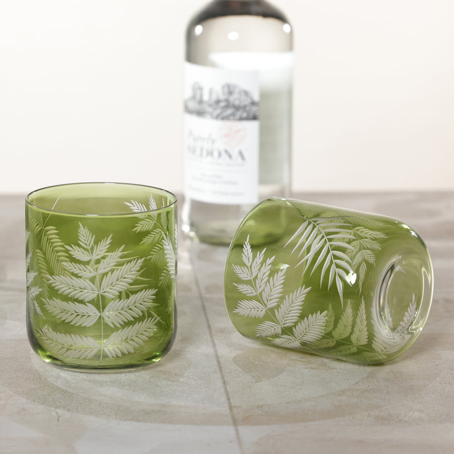 Olive Fern Etched Rocks Glasses Set of 6